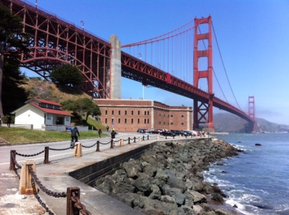 Nope, it's not a postcard; this is what it really looks like running up to the base of the bridge