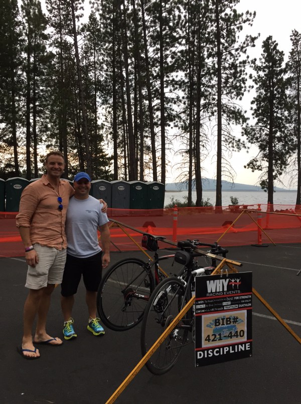 Ben and Nick checking out the swim and setting up the bike transition.