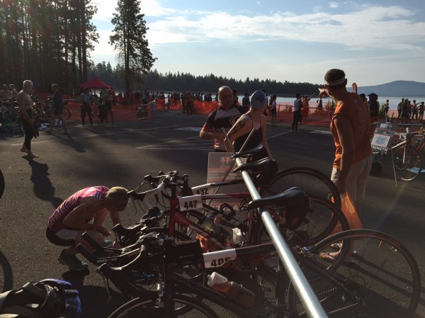 Swimmers (Mary Ann & Ben) and cyclists (Sara & Nick) getting ready on race morning.